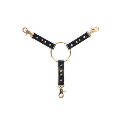 Three-way leather connector made of black genuine leather with a thickness of 0.06–0.063 inches (1.4–1.6 mm) and strap width of 0.79 inches (2 cm), shown flat on a white background. Three leather straps are fixed to a central metal ring with a diameter of 2.76 inches (70 mm), each strap ending with a gold metal carabiner, top-down view.