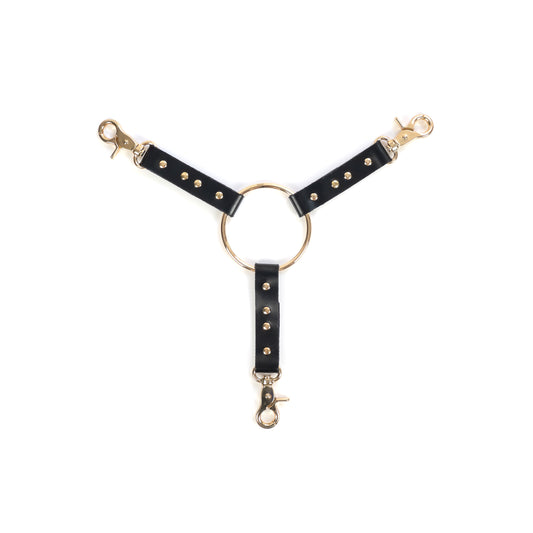 Three-way leather connector made of black genuine leather with a thickness of 0.06–0.063 inches (1.4–1.6 mm) and strap width of 0.79 inches (2 cm), shown flat on a white background. Three leather straps are fixed to a central metal ring with a diameter of 2.76 inches (70 mm), each strap ending with a gold metal carabiner, top-down view.