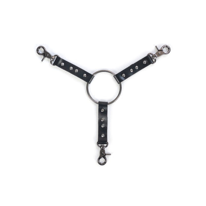 Three-way leather connector made of black genuine leather with a thickness of 0.06–0.063 inches (1.4–1.6 mm) and strap width of 0.79 inches (2 cm), photographed flat on a white background. The connector has three leather straps attached to a central metal ring with a diameter of 2.76 inches (70 mm), each strap ending with a dark nickel metal carabiner, top view.