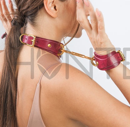 Red BDSM Sex Kit; Bondage Collar and Cuffs