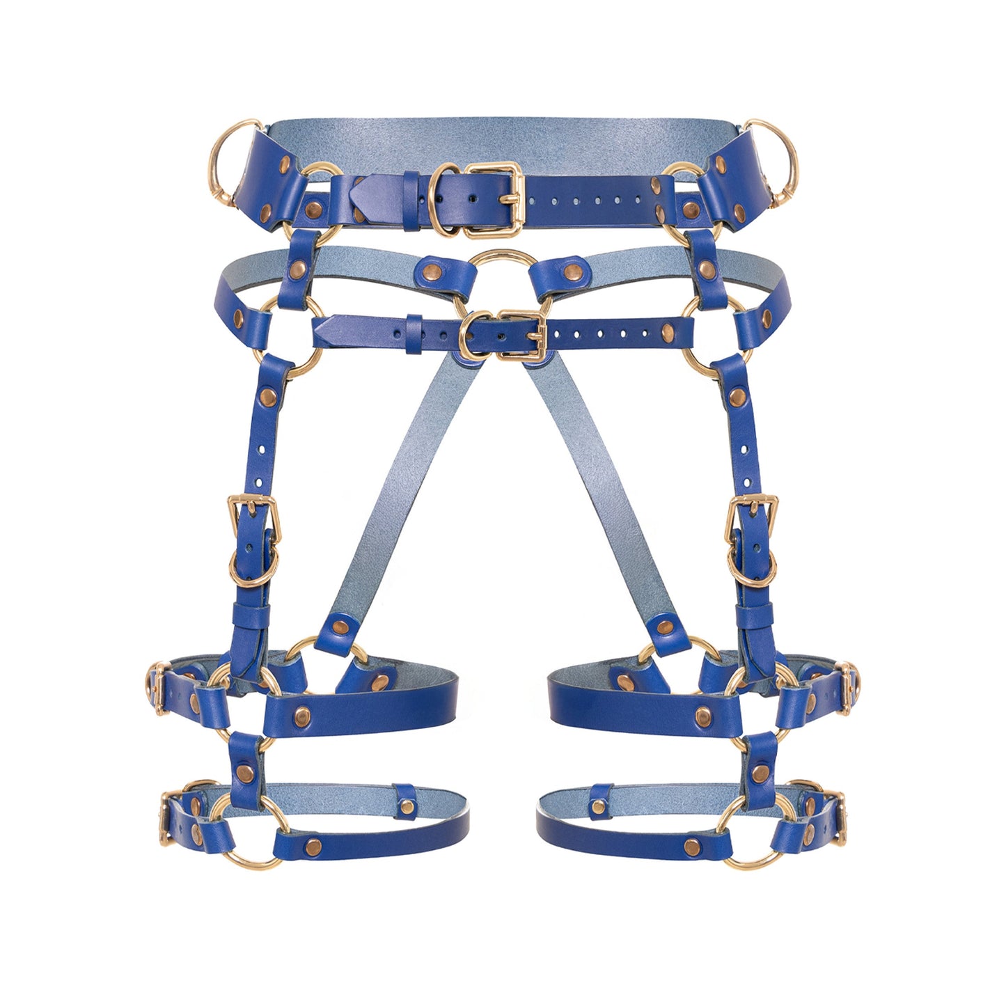 Front view of the Torquea leather butt harness with a wide waist belt, adjustable hip belt, front support straps, double adjustable thigh straps, side D-rings, and gold-tone metal hardware.