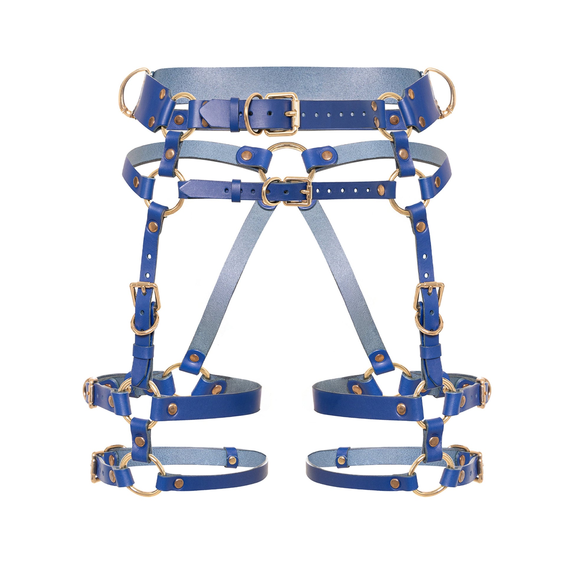 Front view of the Torquea leather butt harness with a wide waist belt, adjustable hip belt, front support straps, double adjustable thigh straps, side D-rings, and gold-tone metal hardware.