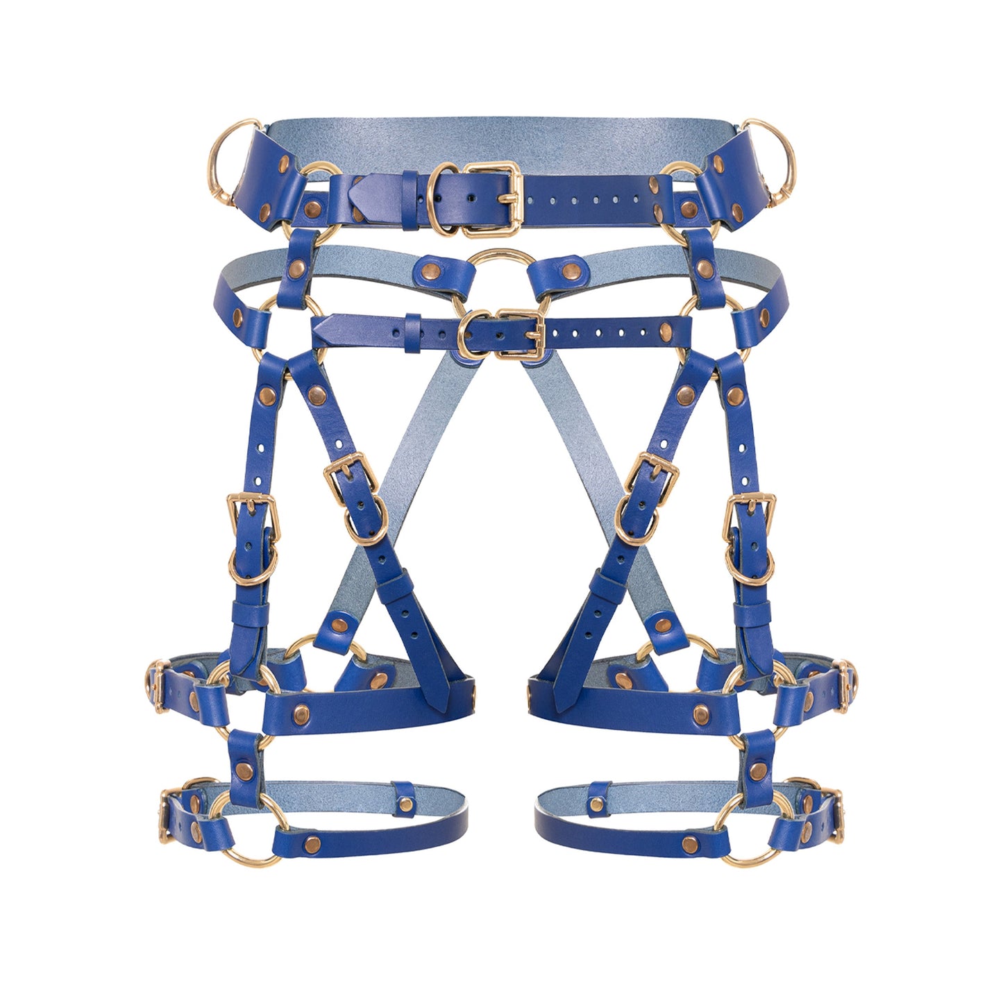 Front close-up of a deep blue open crotch leather garter belt with adjustable straps, thigh straps, D-rings, double-ended metal snap hook connectors, and gold-tone metal hardware.