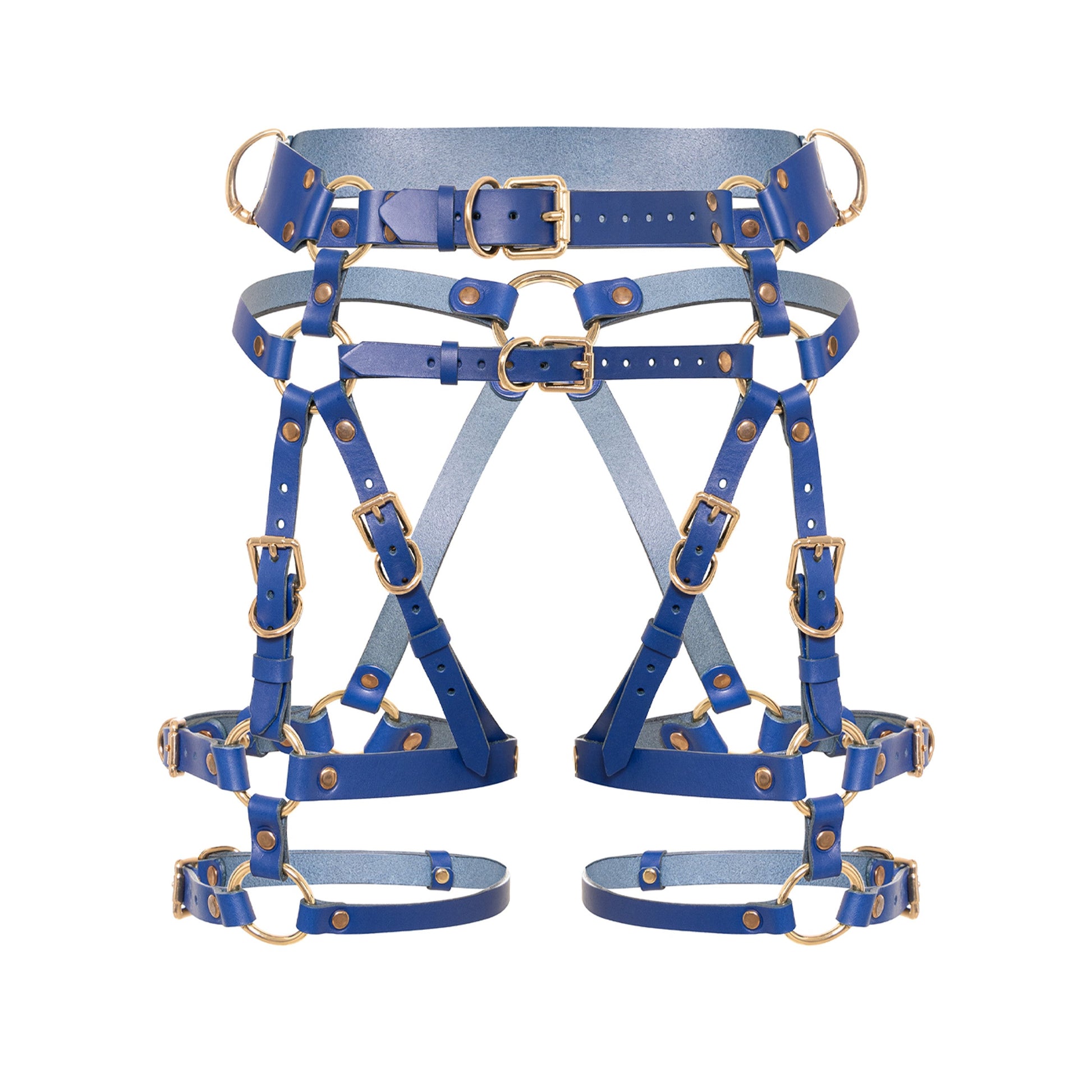 Front close-up of a deep blue open crotch leather garter belt with adjustable straps, thigh straps, D-rings, double-ended metal snap hook connectors, and gold-tone metal hardware.