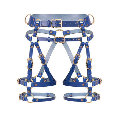 Front close-up of a deep blue open crotch leather garter belt with adjustable straps, thigh straps, D-rings, double-ended metal snap hook connectors, and gold-tone metal hardware.