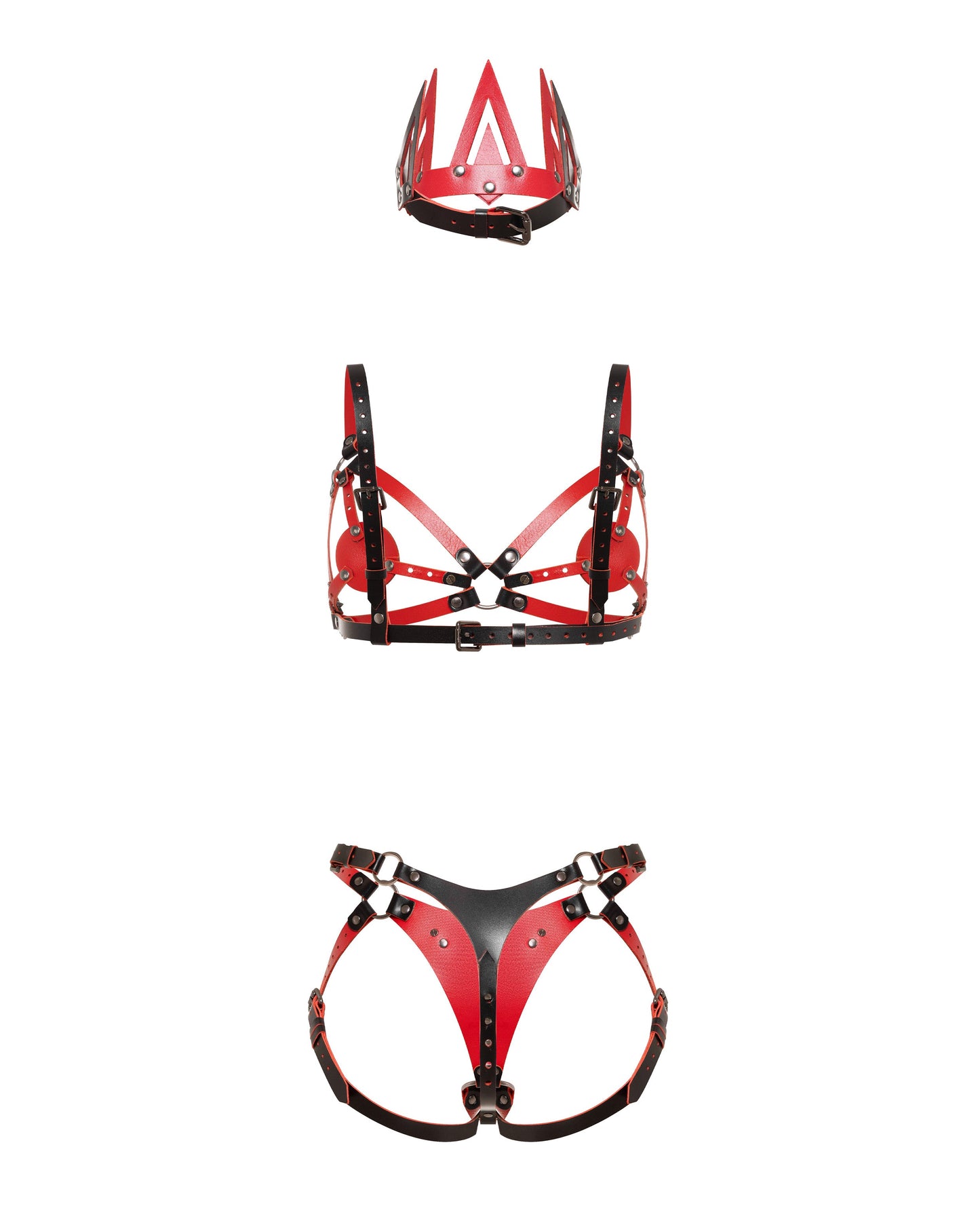 Back view of a leather three-piece set with a five-point cone crown, contour chest harness, adjustable strap-on harness, round metal rings, buckle straps, black leather with red edges, and dark nickel hardware.