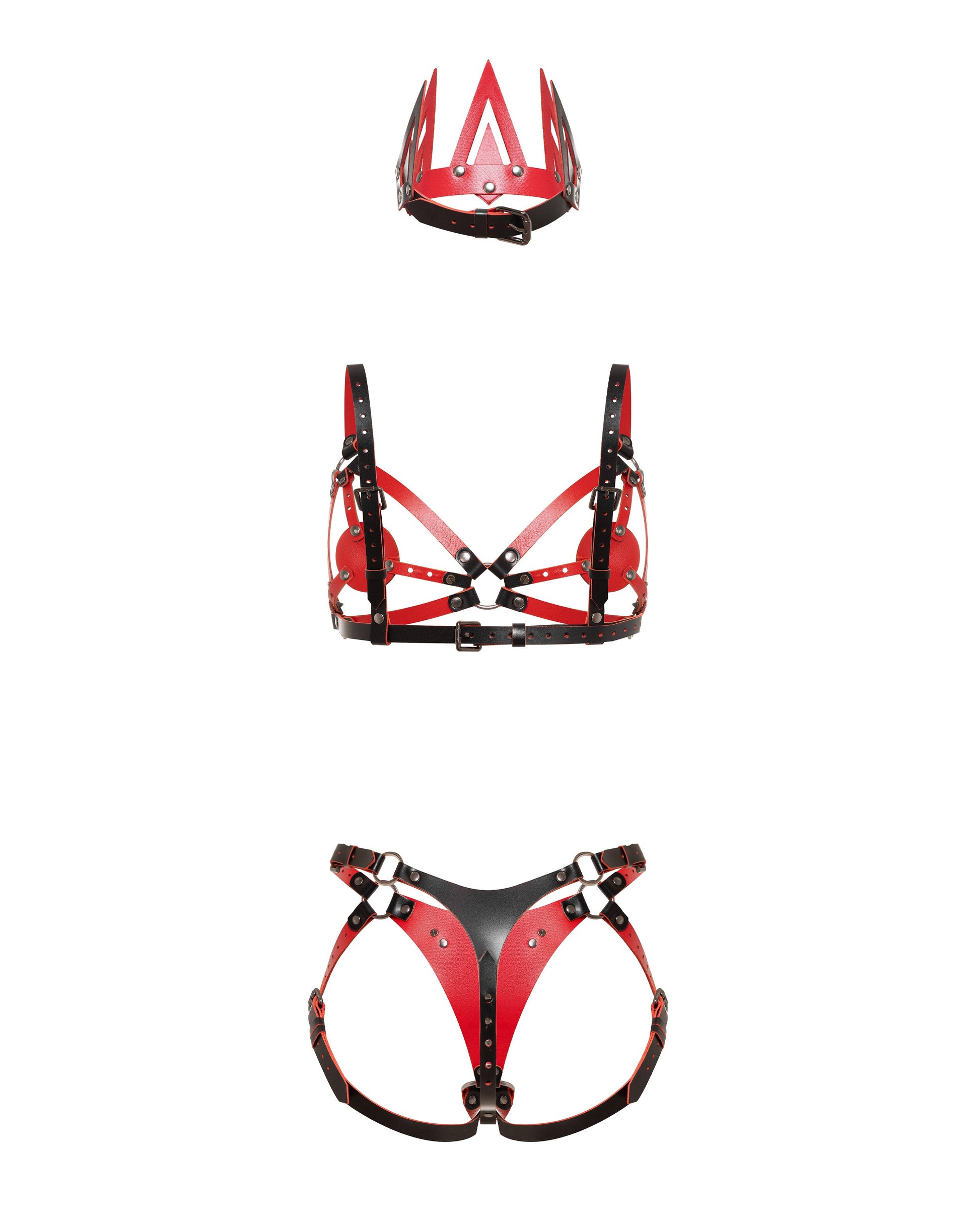 Back view of a leather three-piece set with a five-point cone crown, contour chest harness, adjustable strap-on harness, round metal rings, buckle straps, black leather with red edges, and dark nickel hardware.