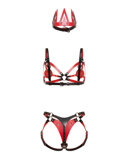Back view of a leather three-piece set with a five-point cone crown, contour chest harness, adjustable strap-on harness, round metal rings, buckle straps, black leather with red edges, and dark nickel hardware.