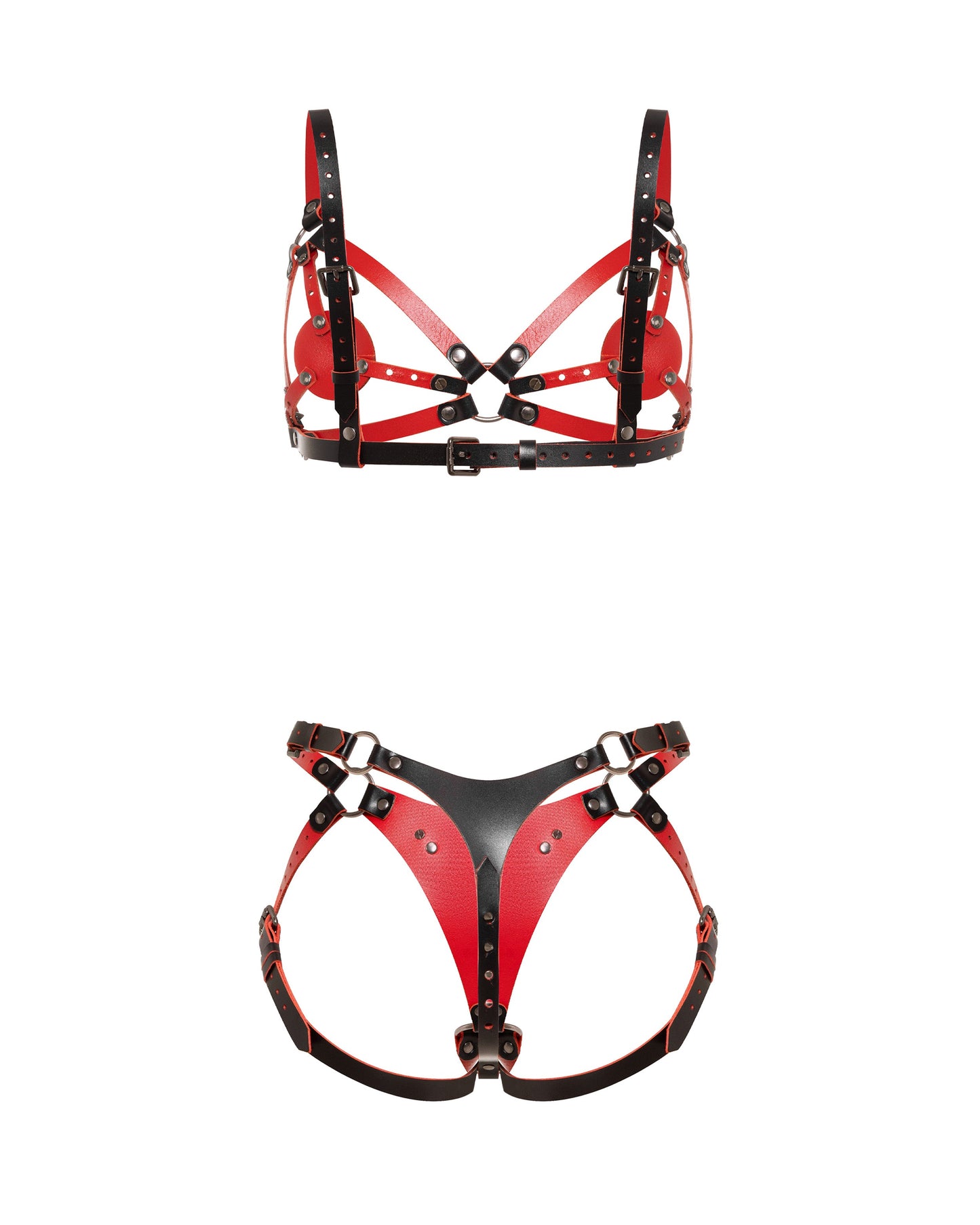 Back view of a reversible leather harness bra and matching strap-on harness made from dual-color leather with a black exterior and red interior. The contour bra features removable and adjustable leather nipple covers secured with Chicago screws, allowing a customized fit for different bust sizes or complete removal. Below, the matching harness shows a thong-style rear panel with adjustable leg straps and movable side rings for different strap-on ring diameters. Black metal hardware and multiple buckle adjus