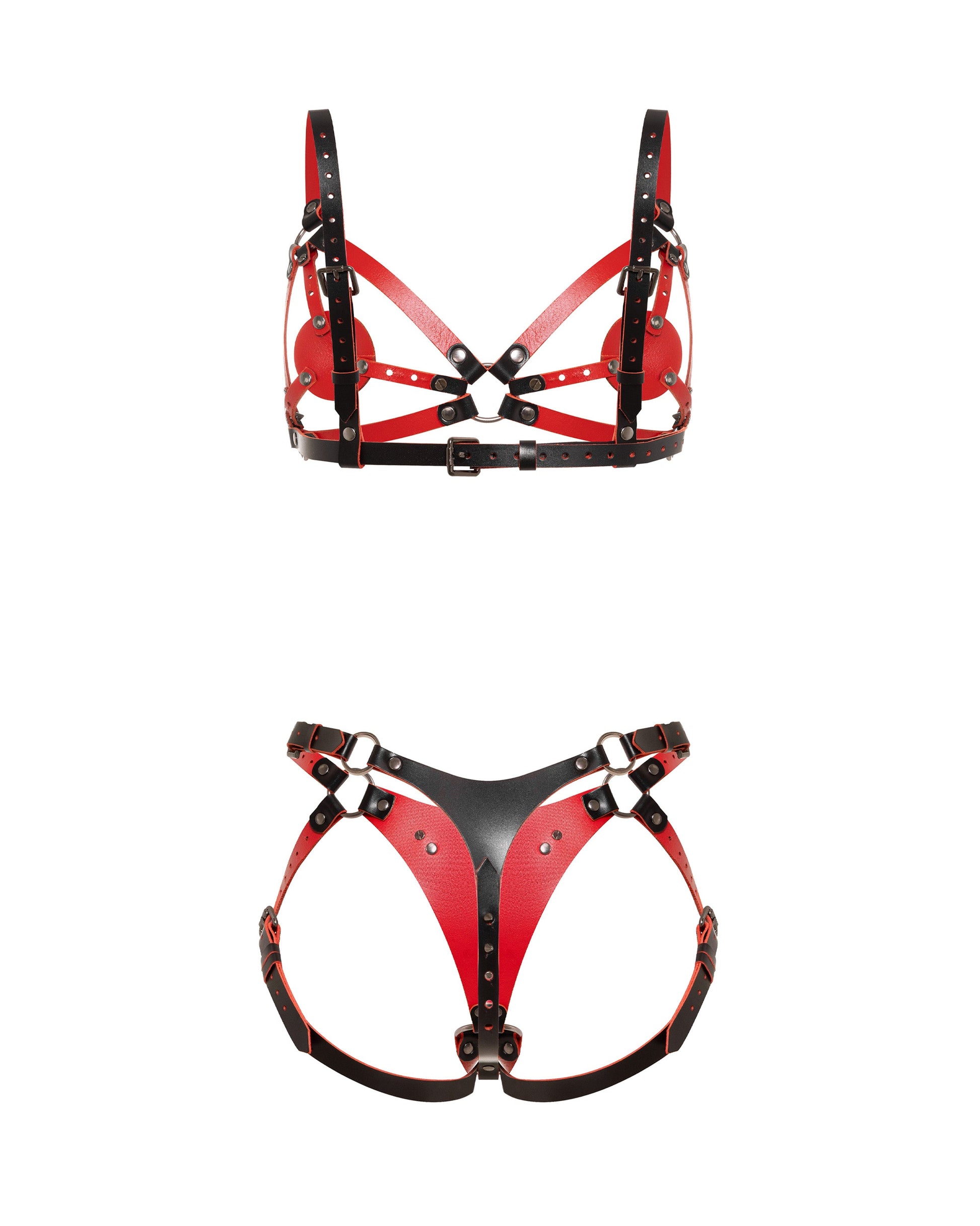 Back view of a reversible leather harness bra and matching strap-on harness made from dual-color leather with a black exterior and red interior. The contour bra features removable and adjustable leather nipple covers secured with Chicago screws, allowing a customized fit for different bust sizes or complete removal. Below, the matching harness shows a thong-style rear panel with adjustable leg straps and movable side rings for different strap-on ring diameters. Black metal hardware and multiple buckle adjus