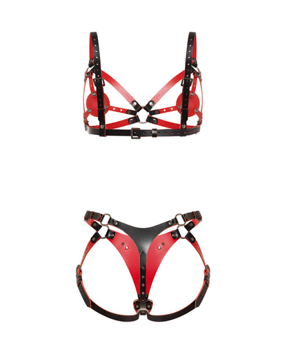 Back view of a reversible leather harness bra and matching strap-on harness made from dual-color leather with a black exterior and red interior. The contour bra features removable and adjustable leather nipple covers secured with Chicago screws, allowing a customized fit for different bust sizes or complete removal. Below, the matching harness shows a thong-style rear panel with adjustable leg straps and movable side rings for different strap-on ring diameters. Black metal hardware and multiple buckle adjus