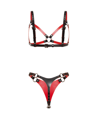 Rear view of a leather open bra and leather thong set in black and red genuine leather. The open bra has crossed leather straps, adjustable shoulder straps, side straps, and a buckle-adjusted back band. The leather thong has a rear leather panel, side buckle straps, and metal rings on both sides.