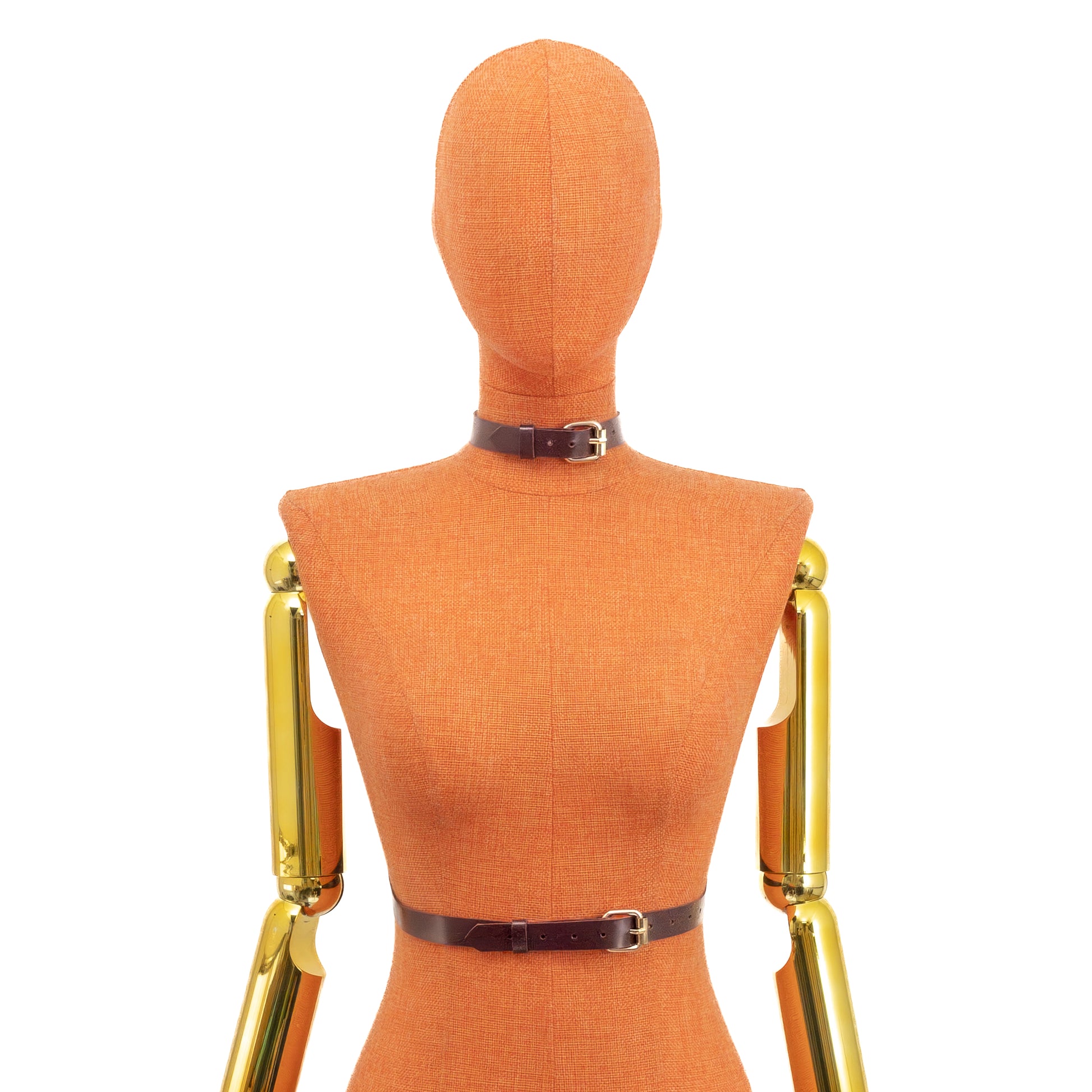 Bondage Harness Choker with Three O-Rings on mannequin, front view, genuine marsala leather with gold hardware, vertical strap with three O-rings connected to neck choker and waist belt, buckle closures visible at neck and waist.