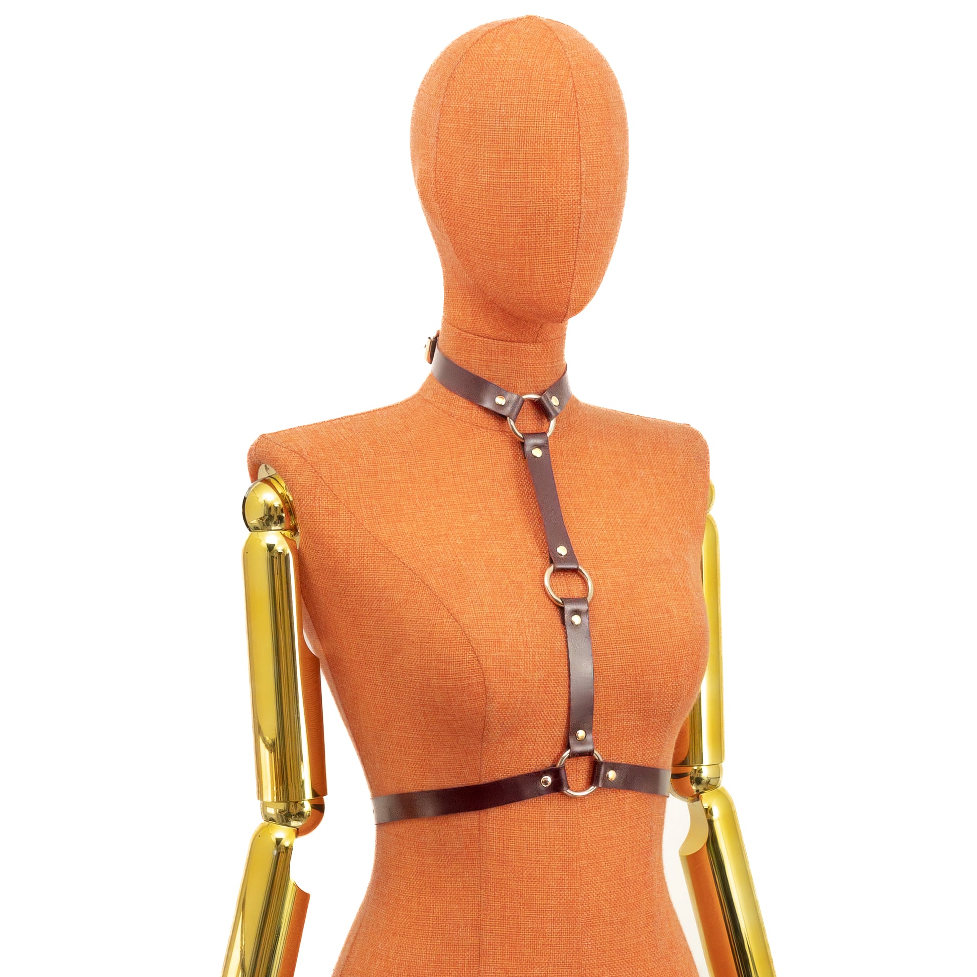 Bondage Harness Choker with Three O-Rings on mannequin, angled front view, marsala leather, gold hardware, neck choker connected to vertical strap and waist belt, ring alignment visible along torso.