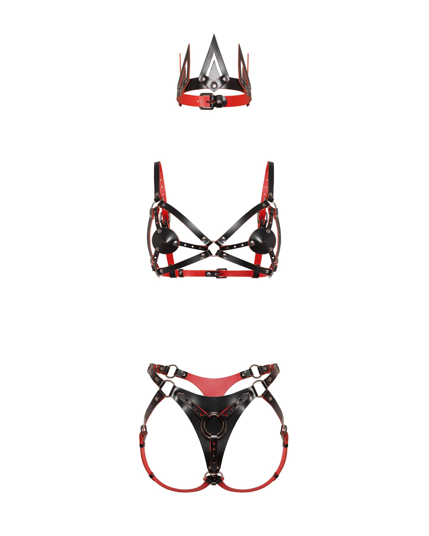 Front view of a leather three-piece set with a cone crown, contour chest harness with removable cup covers, adjustable strap-on harness, interchangeable front rings, black leather with red edges, and dark nickel hardware.