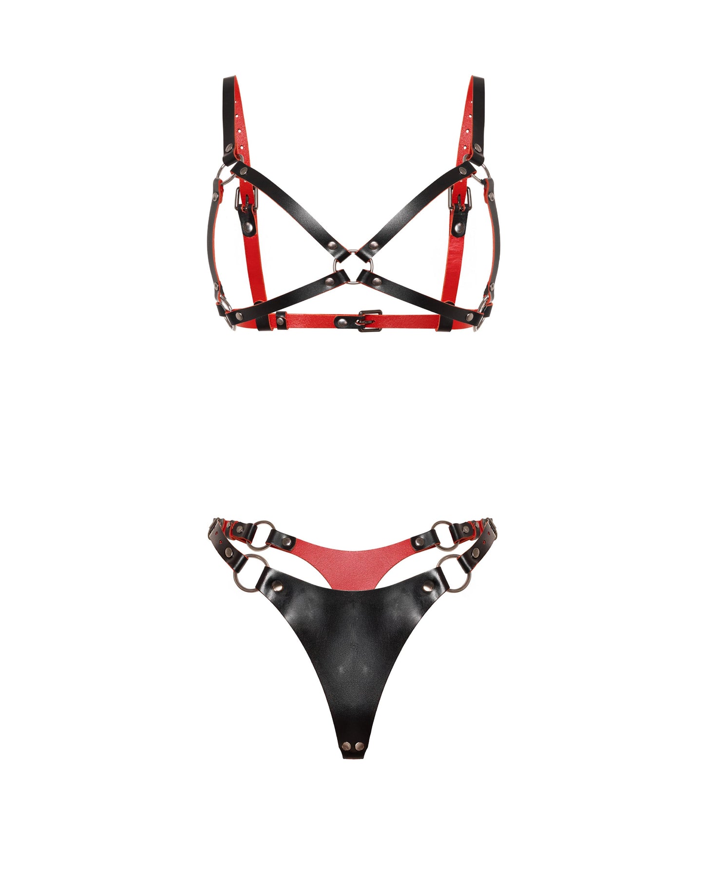 Front view of a leather open bra and leather thong set in black and red genuine leather. The open bra features 5/8 inch (1.5 cm) and 3/4 inch (2 cm) leather straps, an O-ring center connector, adjustable shoulder straps, side straps, and a buckle-adjusted back band. The leather thong has a large front panel, side buckle straps, and metal rings.