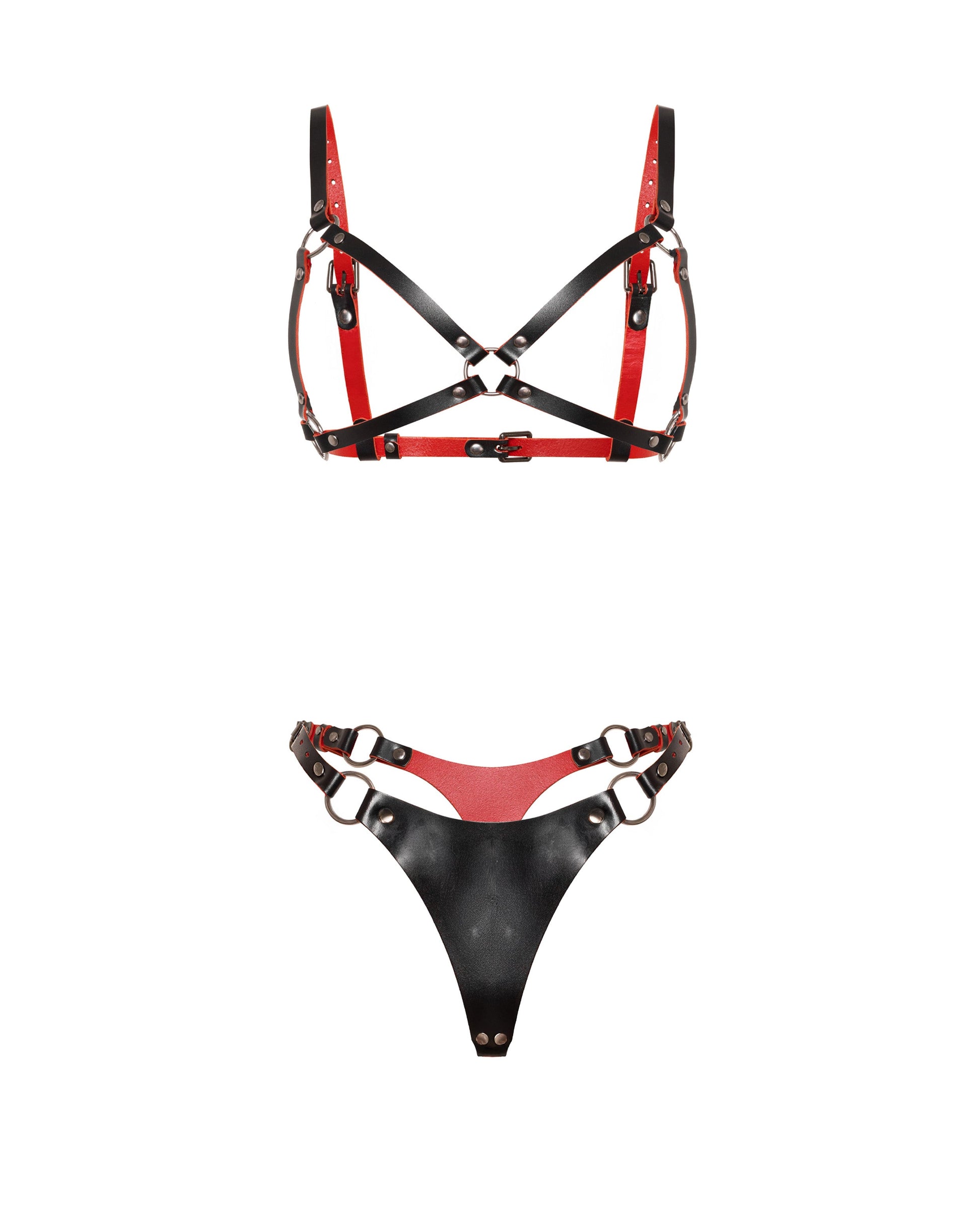 Front view of a leather open bra and leather thong set in black and red genuine leather. The open bra features 5/8 inch (1.5 cm) and 3/4 inch (2 cm) leather straps, an O-ring center connector, adjustable shoulder straps, side straps, and a buckle-adjusted back band. The leather thong has a large front panel, side buckle straps, and metal rings.