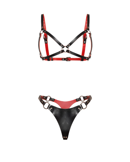 Front view of a leather open bra and leather thong set in black and red genuine leather. The open bra features 5/8 inch (1.5 cm) and 3/4 inch (2 cm) leather straps, an O-ring center connector, adjustable shoulder straps, side straps, and a buckle-adjusted back band. The leather thong has a large front panel, side buckle straps, and metal rings.