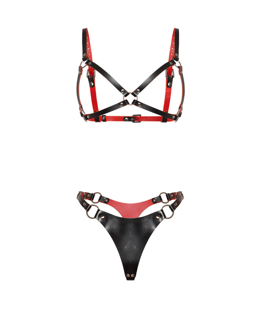 Front view of a leather open bra and leather thong set in black and red genuine leather. The open bra features 5/8 inch (1.5 cm) and 3/4 inch (2 cm) leather straps, an O-ring center connector, adjustable shoulder straps, side straps, and a buckle-adjusted back band. The leather thong has a large front panel, side buckle straps, and metal rings.