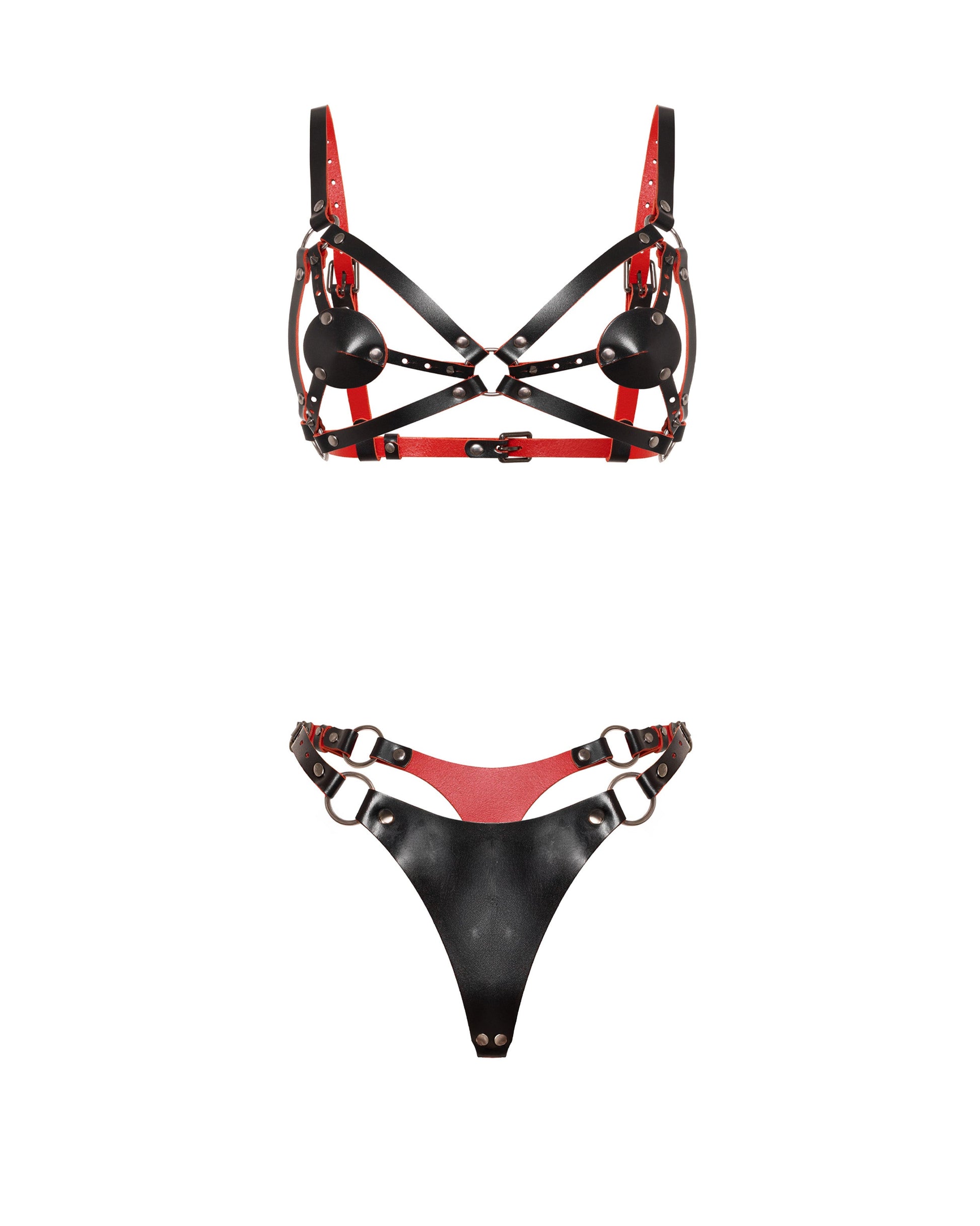 Front view of the Tempta contour lingerie set. The genuine leather set includes an open contour bra with removable leather cup covers, adjustable shoulder straps, intersecting front straps, an adjustable underbust strap, and a leather thong with a large front leather panel, side buckle straps, and metal rings.