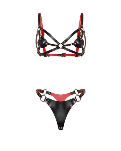 Front view of the Tempta contour lingerie set. The genuine leather set includes an open contour bra with removable leather cup covers, adjustable shoulder straps, intersecting front straps, an adjustable underbust strap, and a leather thong with a large front leather panel, side buckle straps, and metal rings.