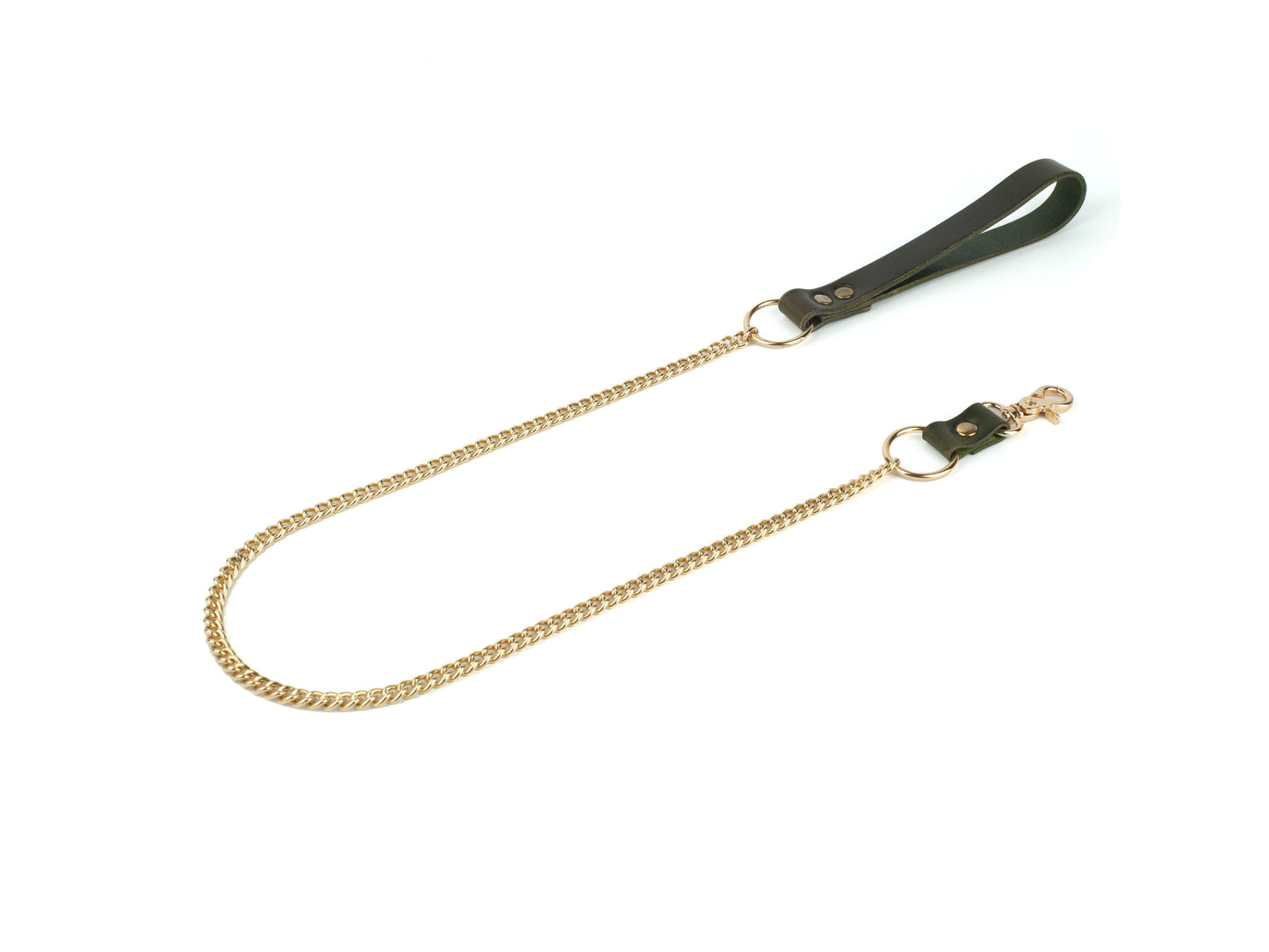 Gold chain leash with green leather handle on a white background