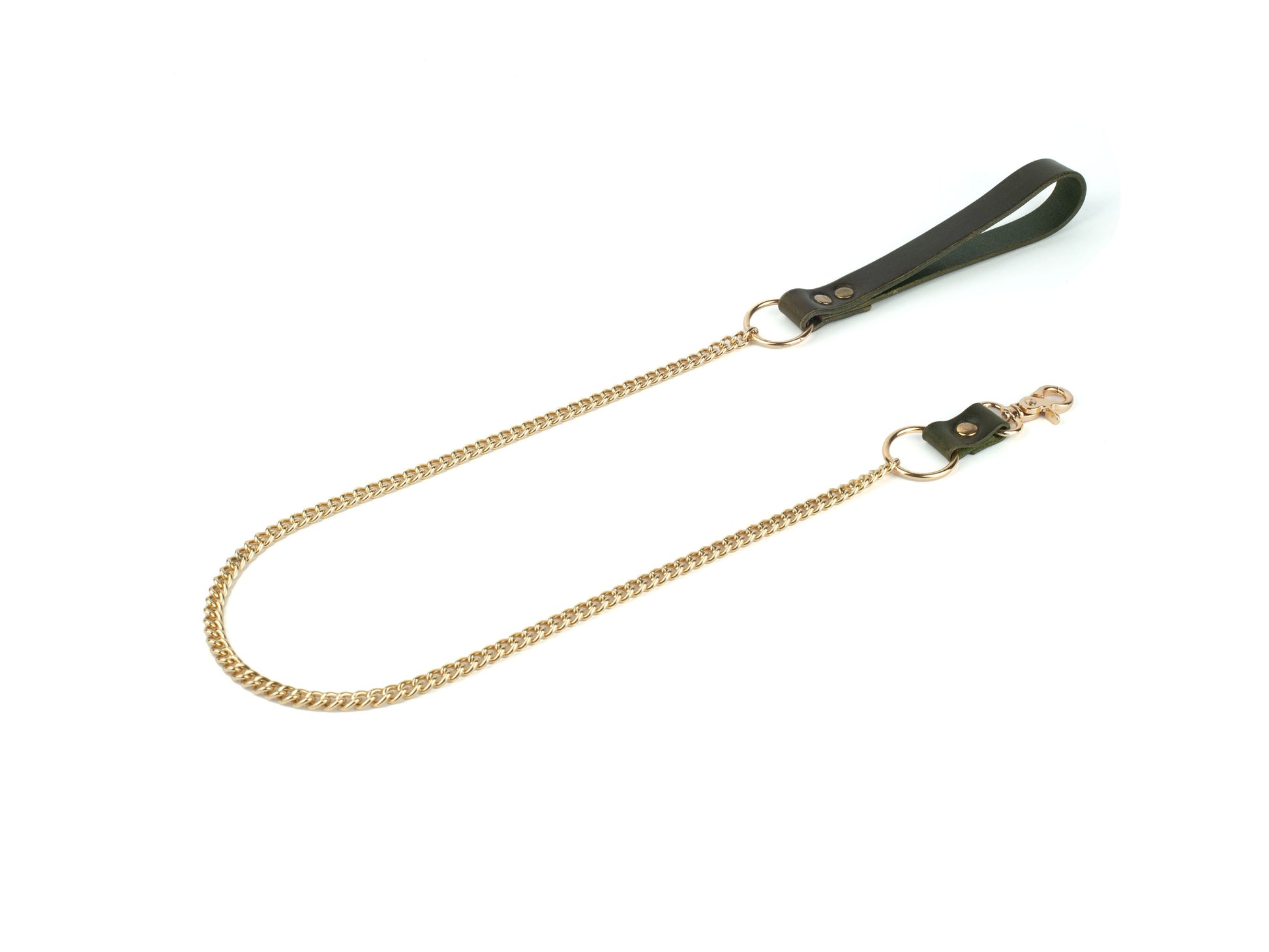 Gold chain leash with green leather handle on a white background