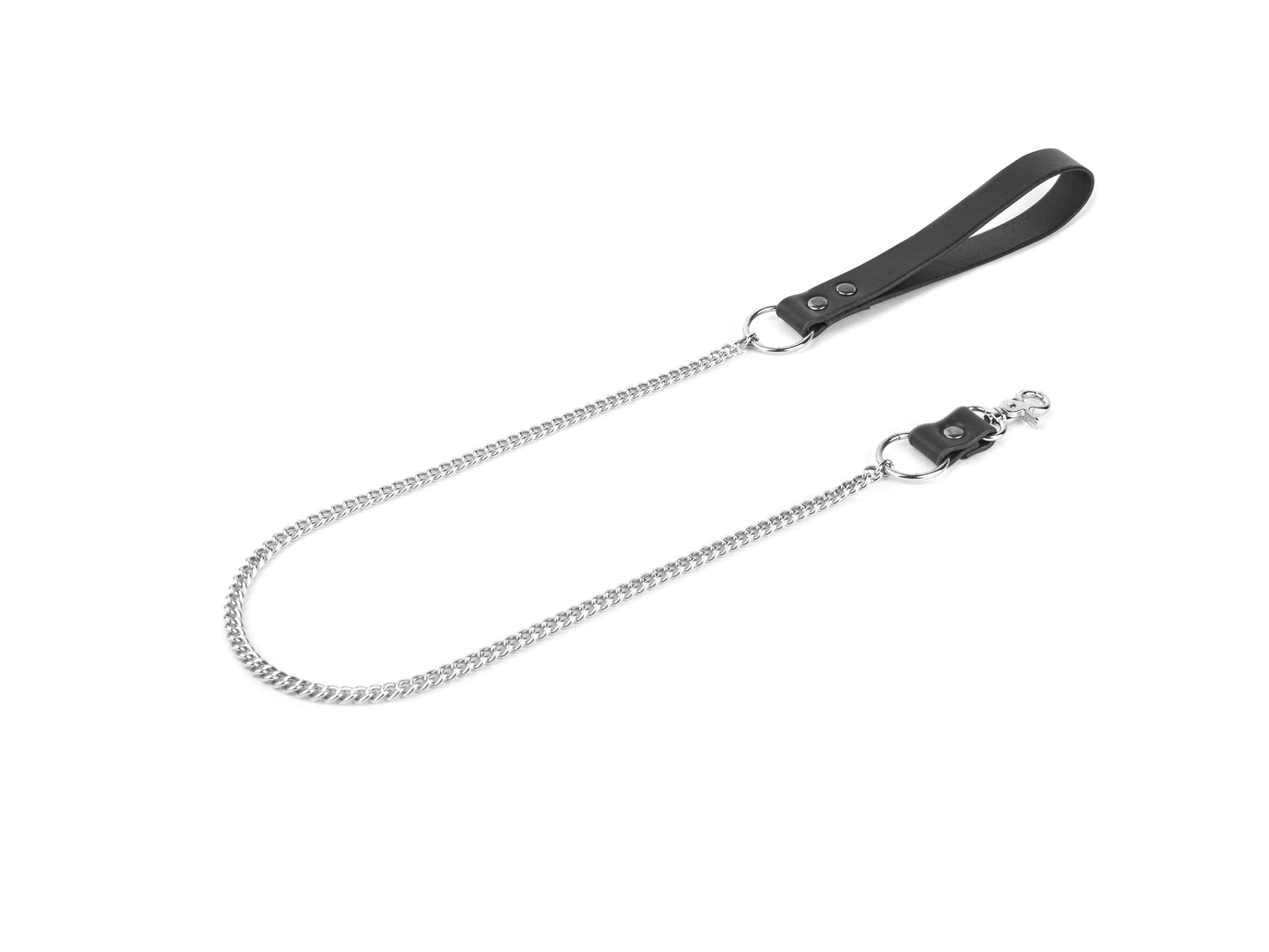 Black leather bdsm leash with a metal clasp on a white background