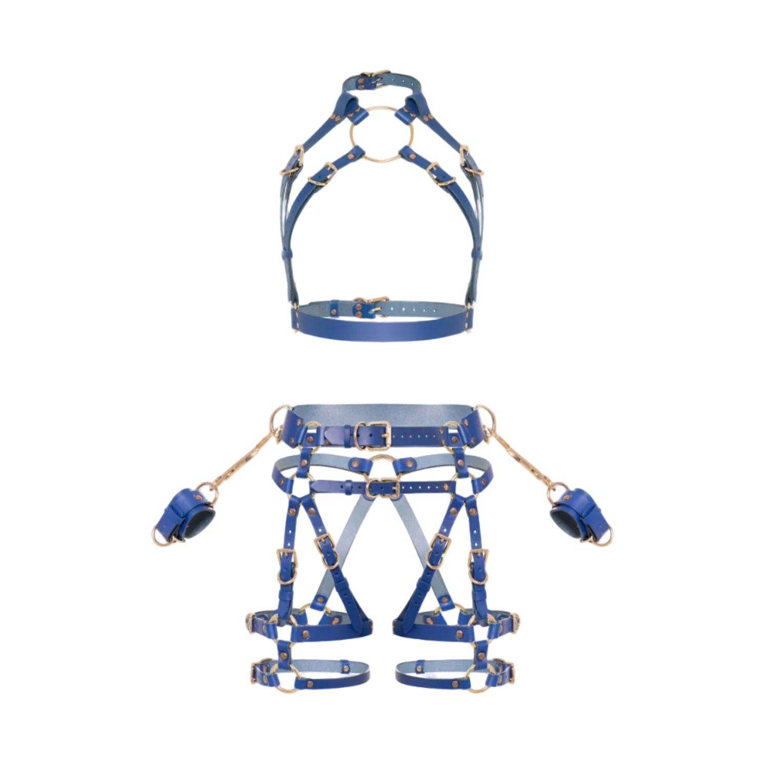 Front view of a deep blue leather full body bondage harness set with an open bust harness, open crotch garter belt, wrist cuffs, removable leather handle, large front ring, adjustable straps, and gold-tone metal hardware.