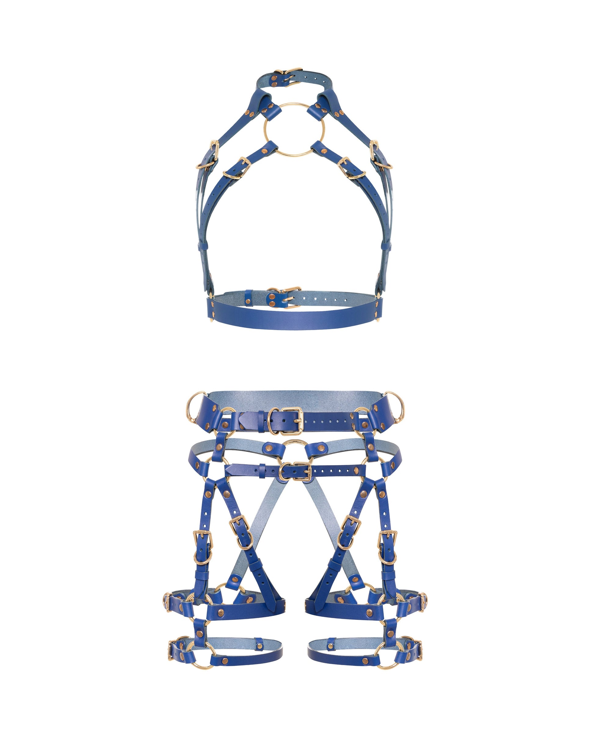 Front view of a deep blue leather full body  harness set with an open bust harness, open crotch garter belt, removable leather handle, large front ring, adjustable straps, and gold-tone metal hardware.