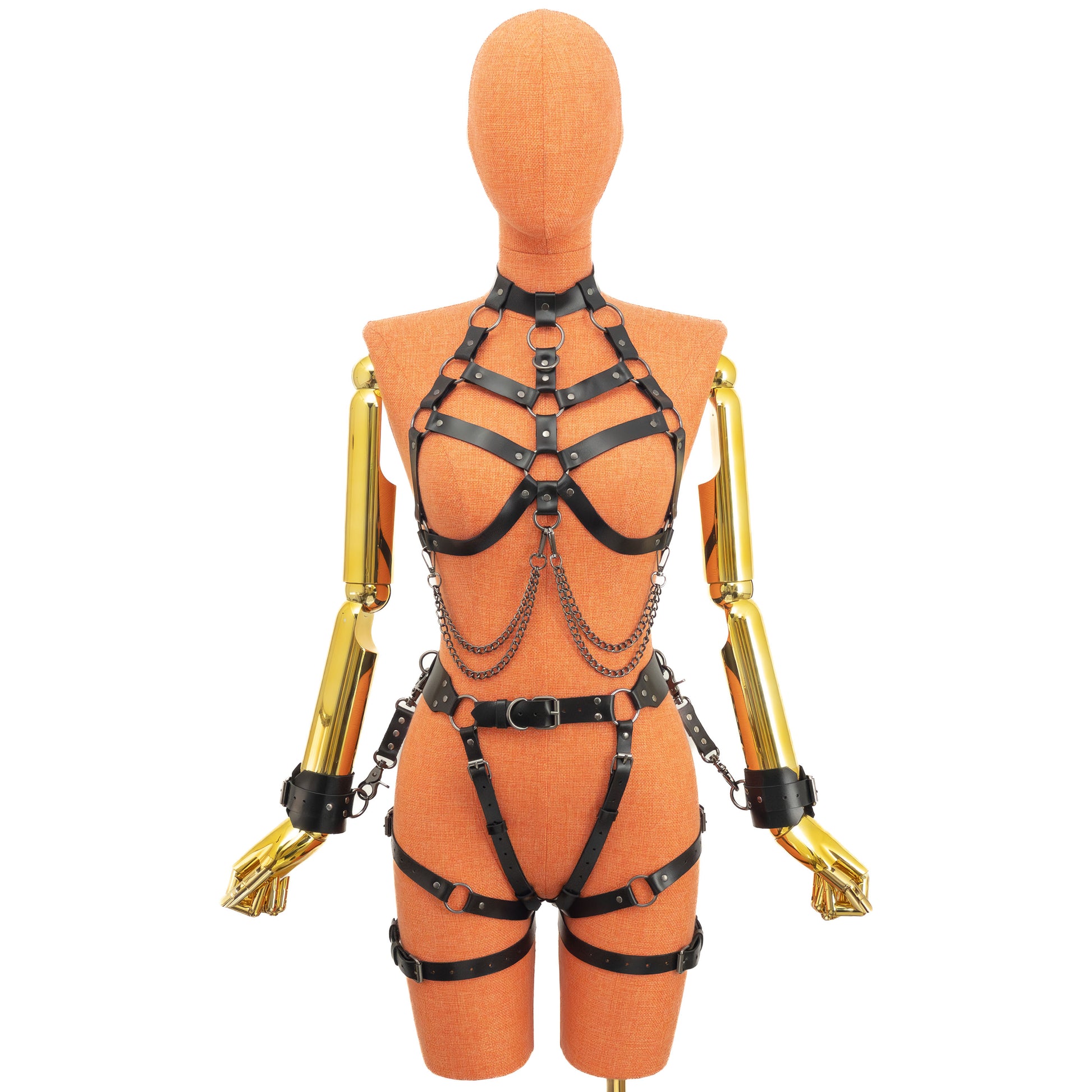 Front view of the same set showing the neck strap, under-bust straps, open chest, waist garter belt and the garter straps running down between the legs and back up over the hips, with wrist cuffs attached to the side D-rings.