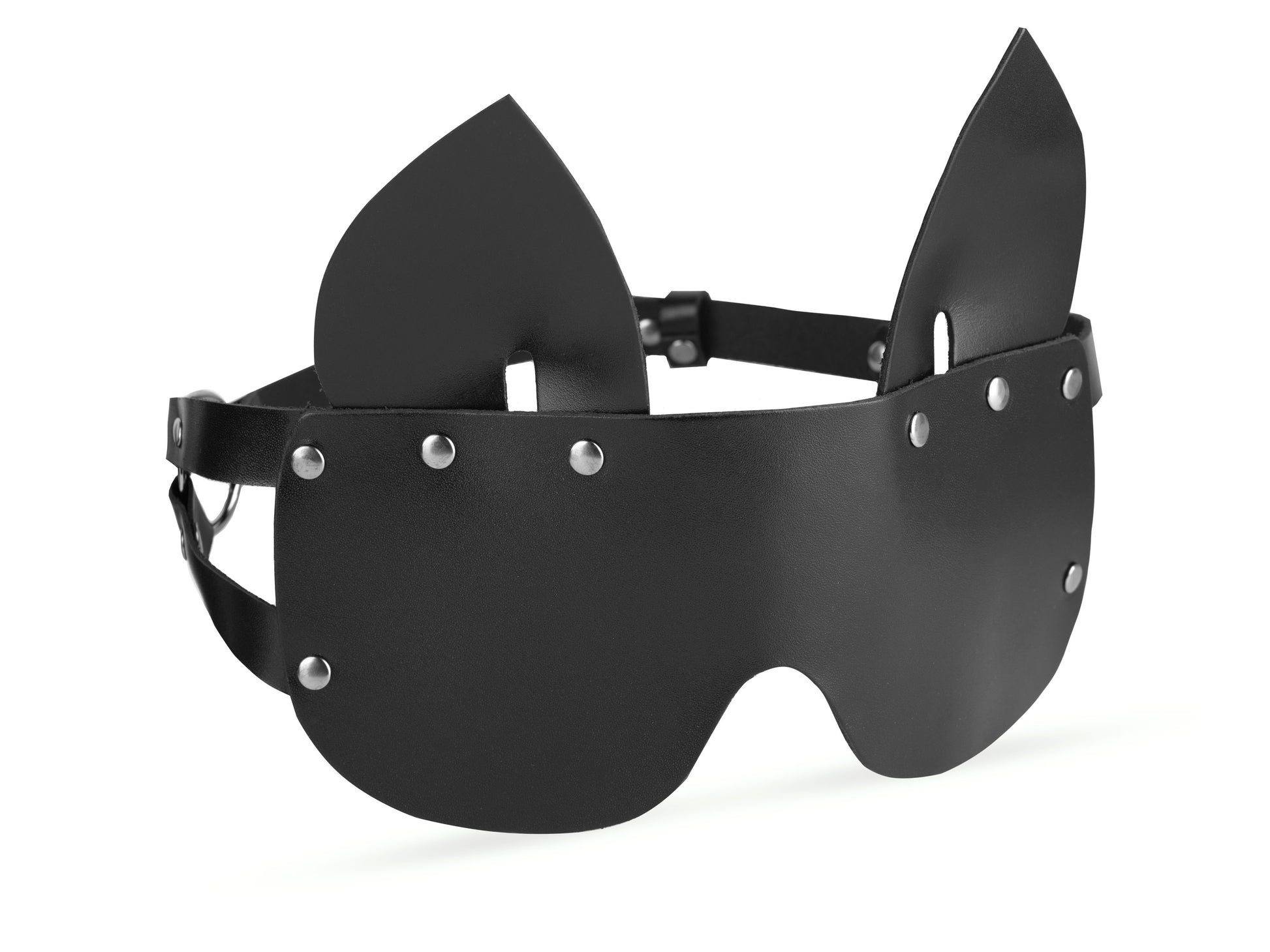 Close-up of a wide black leather blindfold with cat ears, showing the shape that covers the eyes and the ear details on top.