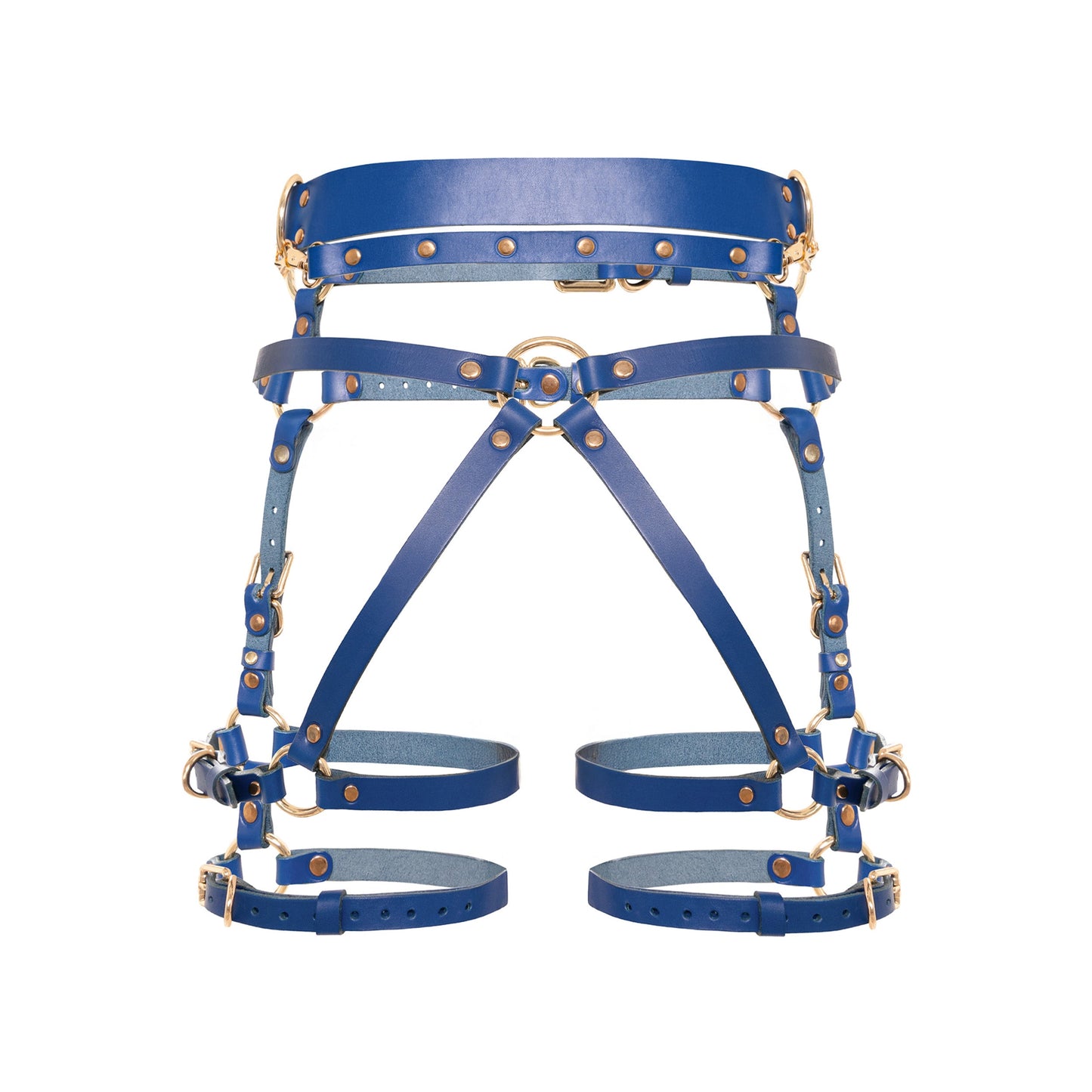 Rear view of the Torquea leather butt harness showing the wide waist belt, adjustable hip belt, center rear O-ring, Y-shaped leather support straps, double adjustable thigh straps, side D-rings, and gold-tone metal hardware.