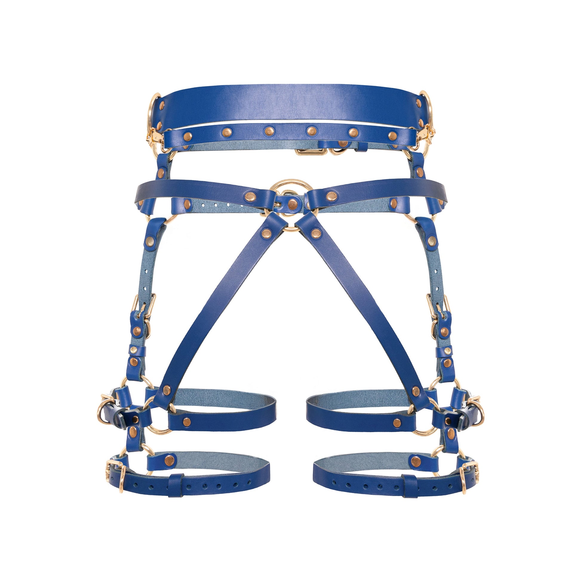 Rear view of the Torquea leather butt harness showing the wide waist belt, adjustable hip belt, center rear O-ring, Y-shaped leather support straps, double adjustable thigh straps, side D-rings, and gold-tone metal hardware.