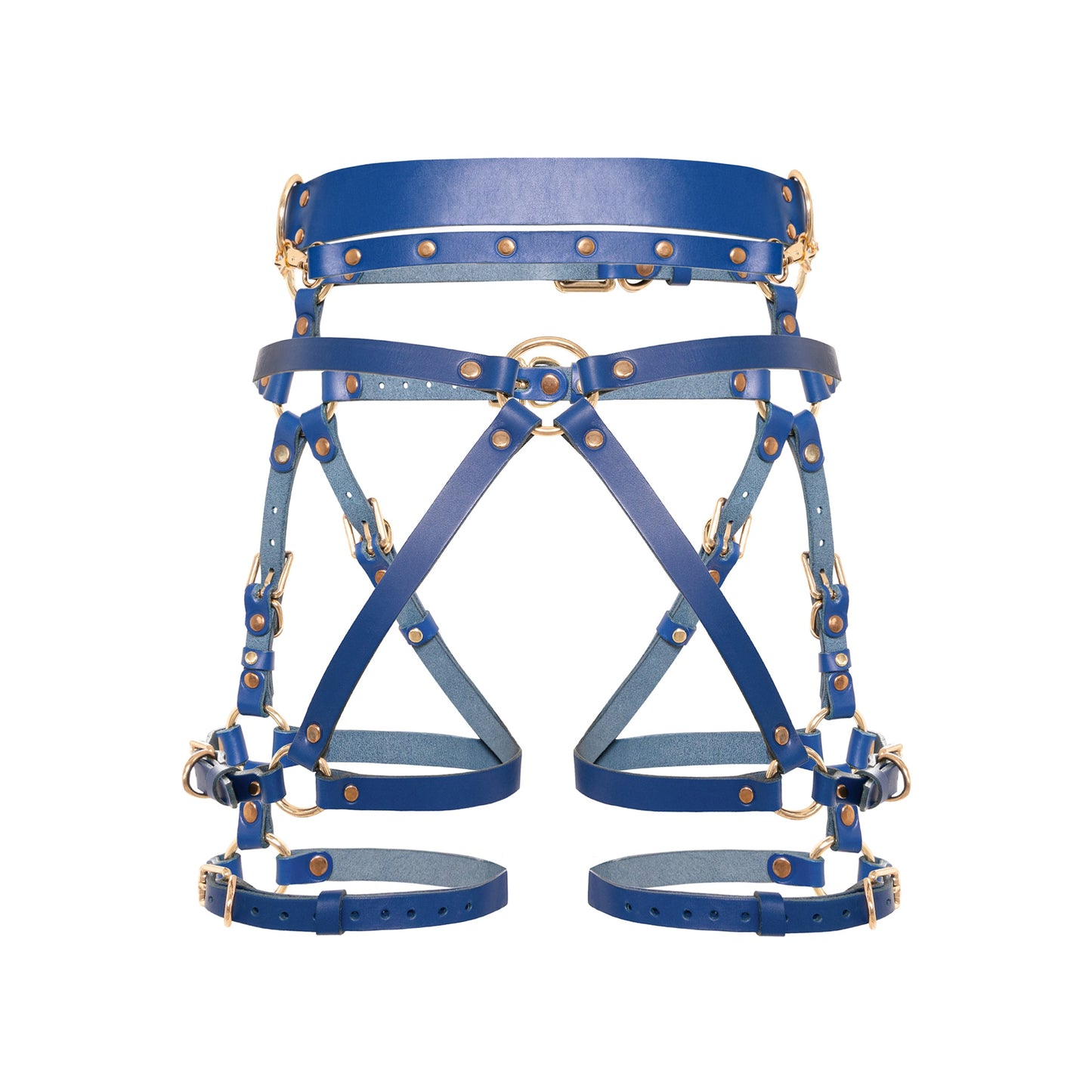 Rear close-up of a deep blue open crotch leather garter belt with a center back ring, diagonal straps, D-rings, removable leather handle, thigh straps, and gold-tone metal hardware.