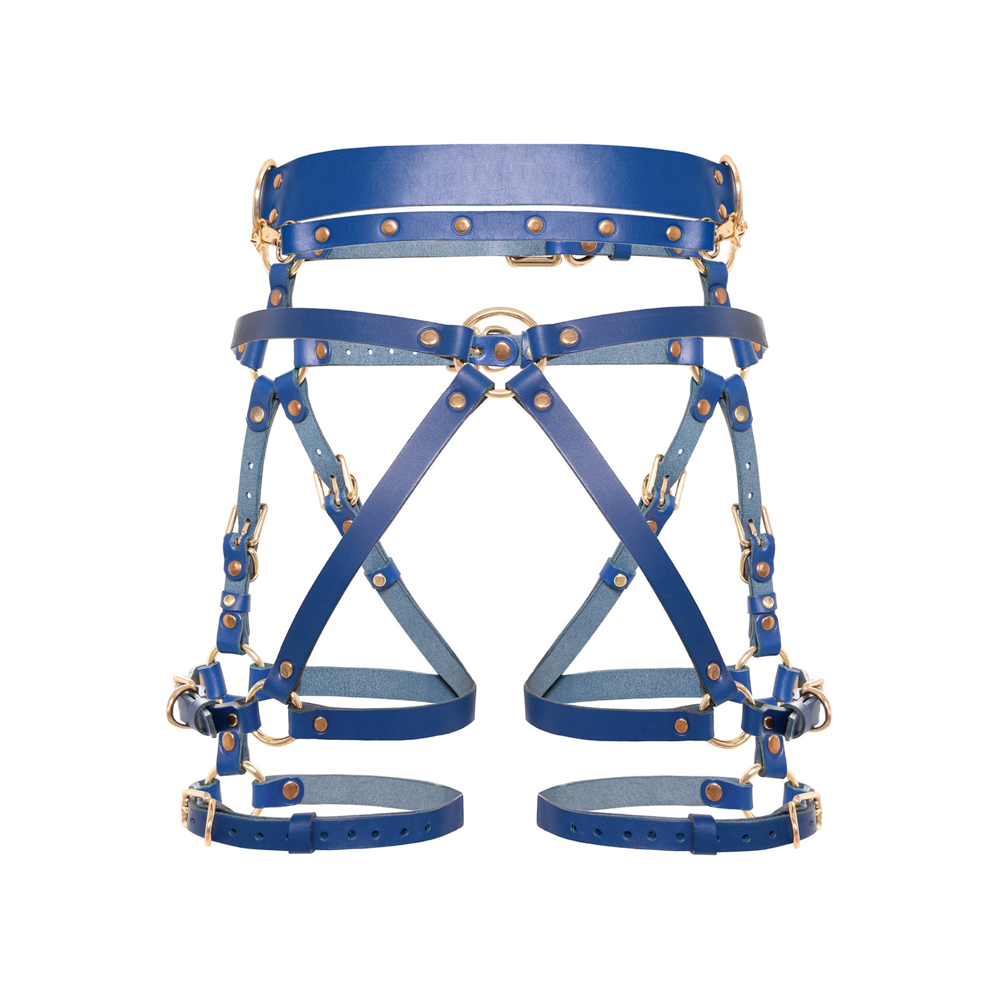 Rear close-up of a deep blue open crotch leather garter belt with a center back ring, diagonal straps, D-rings, removable leather handle, thigh straps, and gold-tone metal hardware.