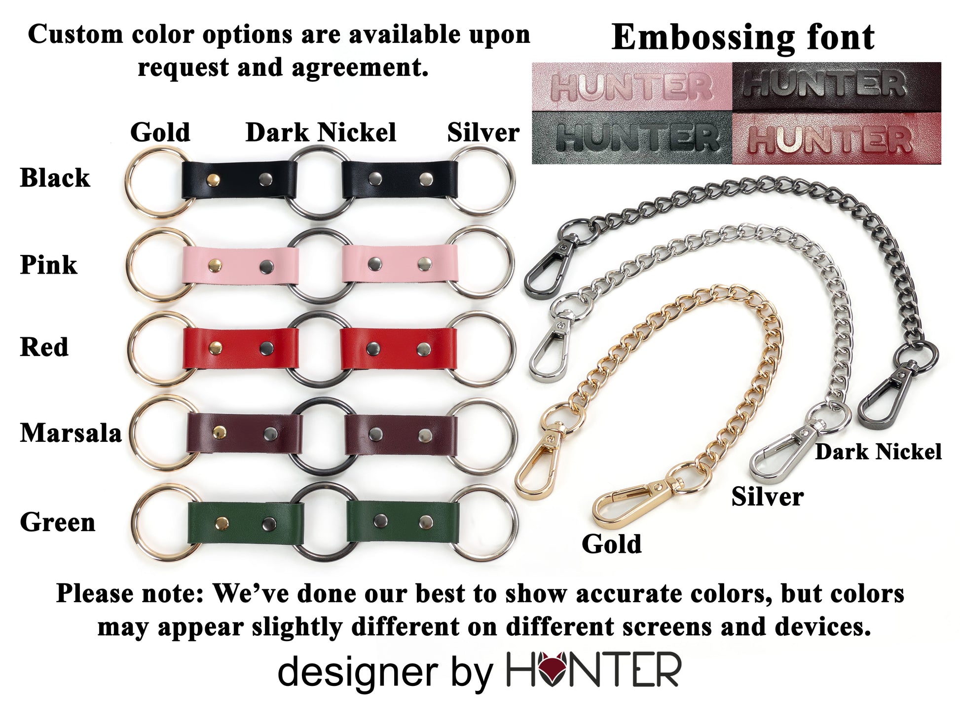 Color options and embossing fonts for a product by HUNTER.