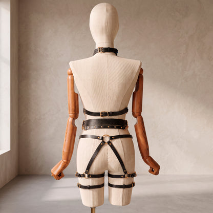 Back view of a deep black leather full body harness set with an open bust harness, open crotch garter belt, removable leather handle, large front ring, adjustable straps, and gold-tone metal hardware.