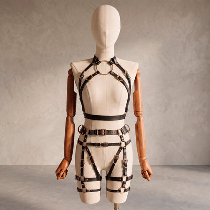 Front view of a deep black leather full body harness set with an open bust harness, open crotch garter belt, removable leather handle, large front ring, adjustable straps, and gold-tone metal hardware.