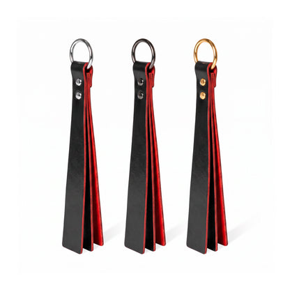 Three black+red classic Short leather BDSM paddle silver, black, and gold rings, displayed side-by-side on a white background.