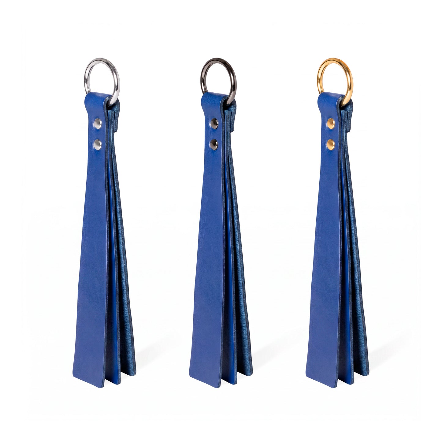 Three blue classic Short leather BDSM paddle silver, black, and gold rings, displayed side-by-side on a white background.