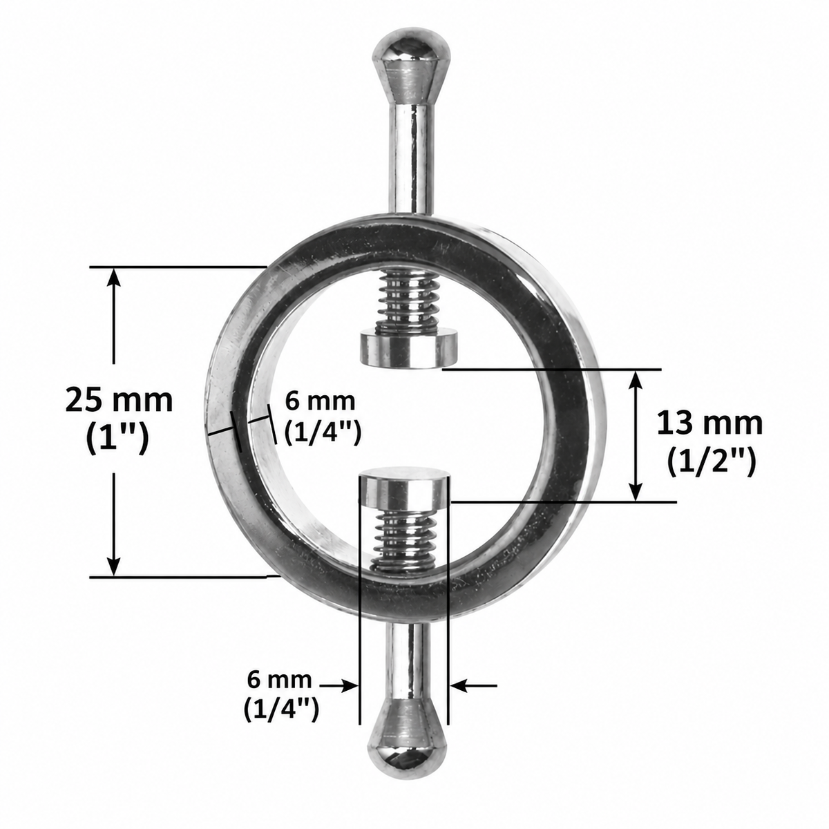 A metallic circular hardware component with measurement callouts showing 25 mm, 13 mm, and 6 mm dimensions on a plain white background.