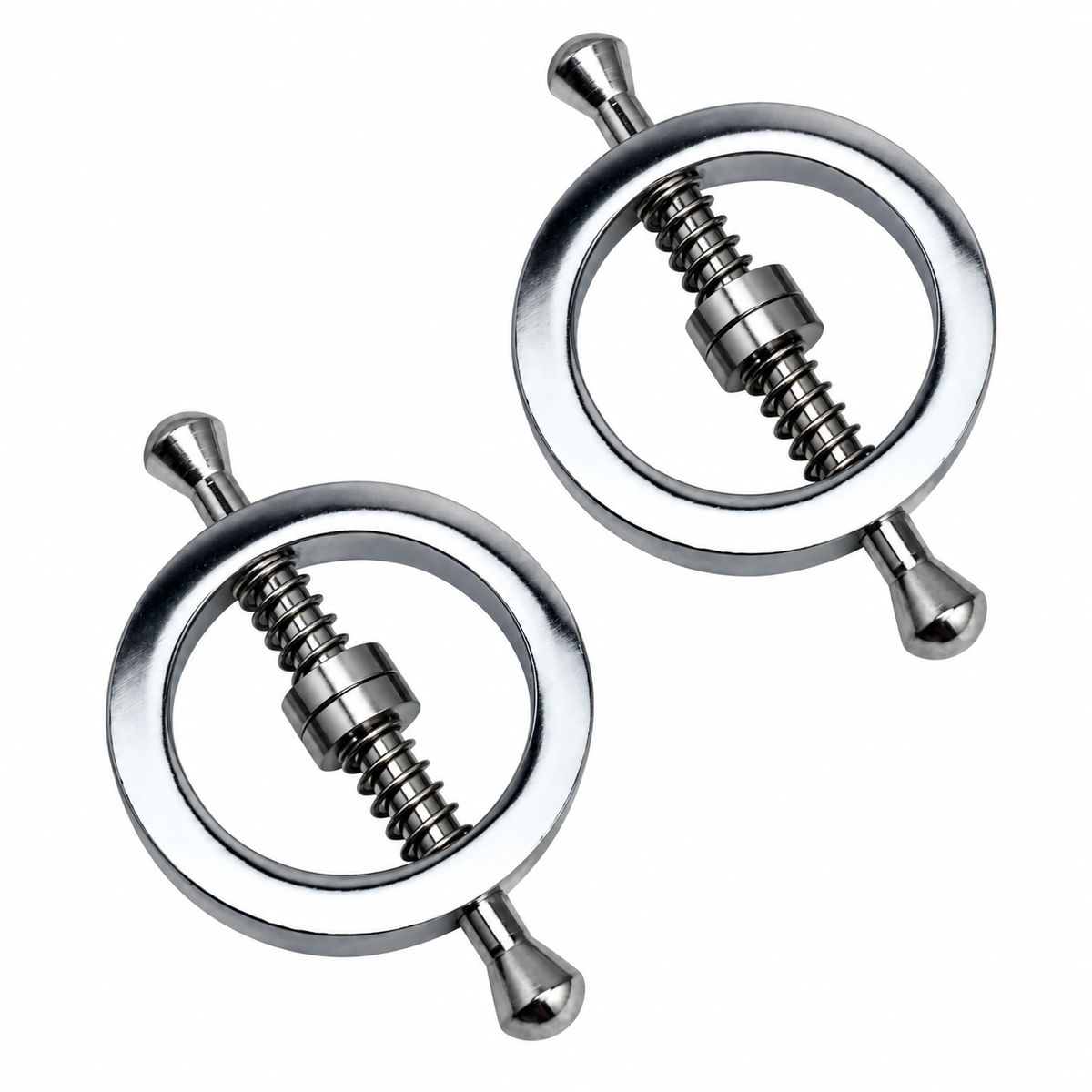 Two polished silver metal tension rod end caps with threaded spring mechanisms, shown on a plain white background.