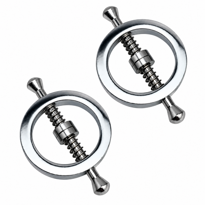 Two polished silver metal tension rod end caps with threaded spring mechanisms, shown on a plain white background.