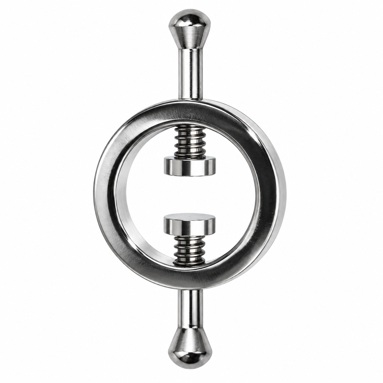 A polished stainless steel adjustable ring clasp with a circular ring body, threaded screw mechanism, and ball-ended posts on a plain white background.
