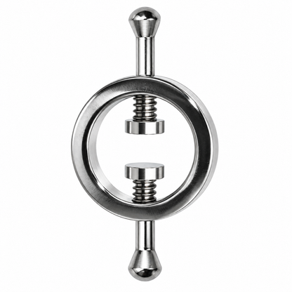 A polished stainless steel adjustable ring clasp with a circular ring body, threaded screw mechanism, and ball-ended posts on a plain white background.