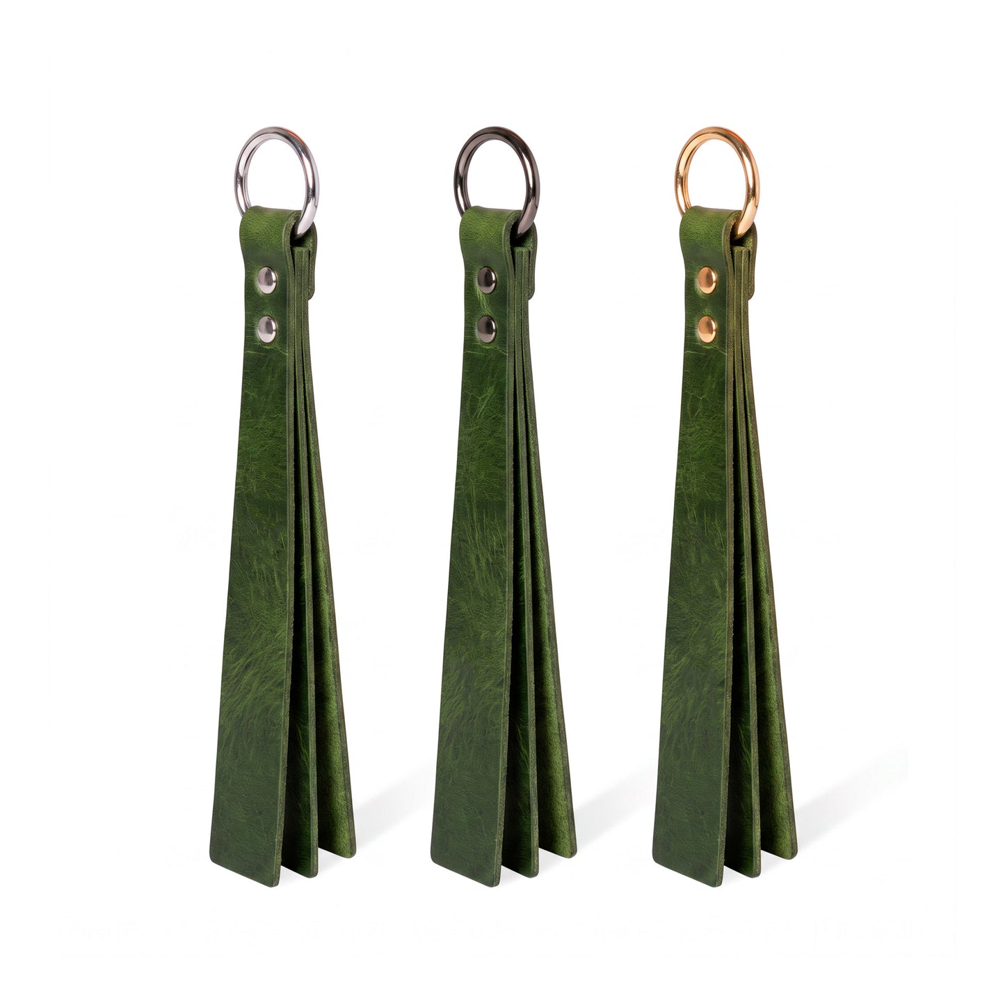 Three green classic Short leather BDSM paddle silver, black, and gold rings, displayed side-by-side on a white background.