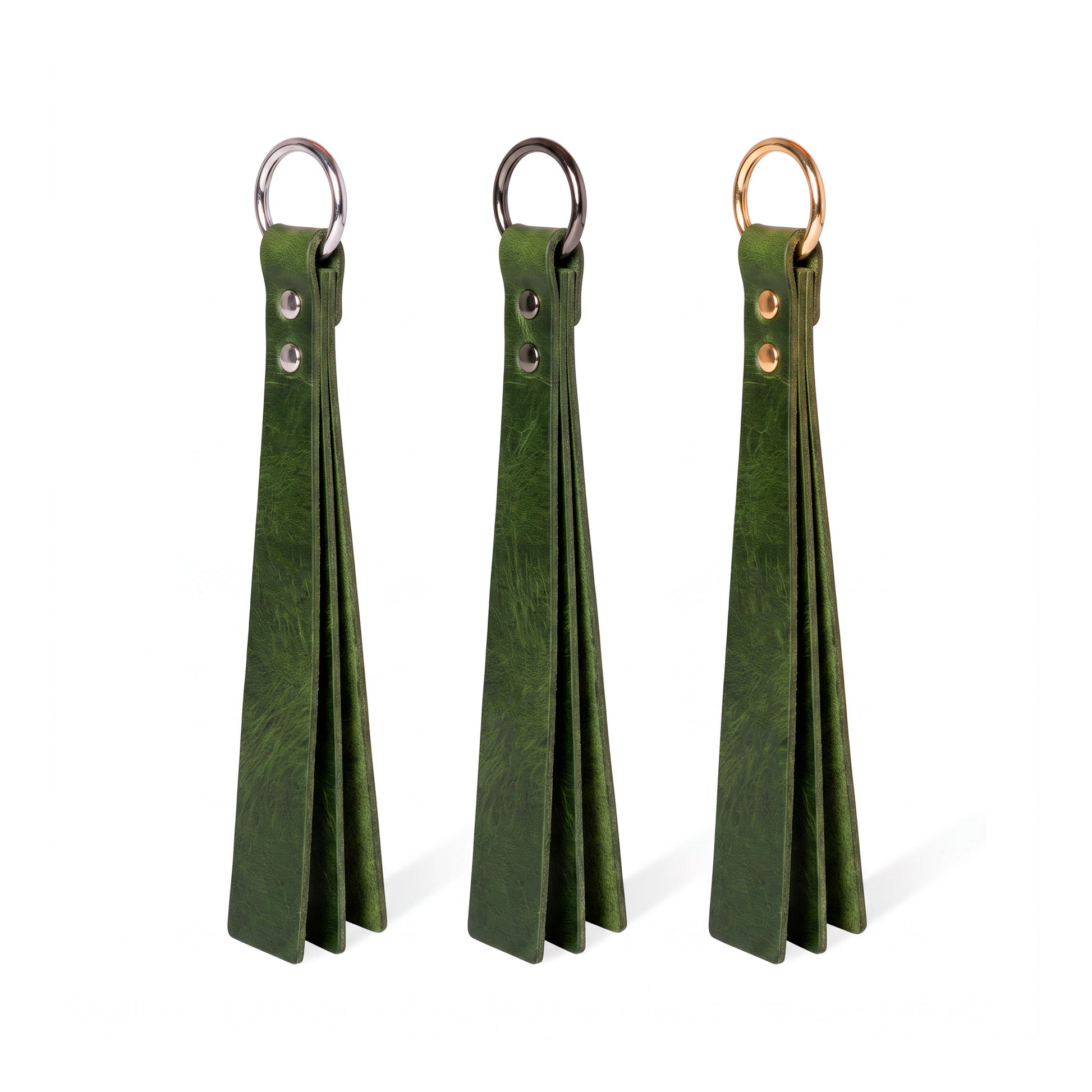 Three green classic Short leather BDSM paddle silver, black, and gold rings, displayed side-by-side on a white background.