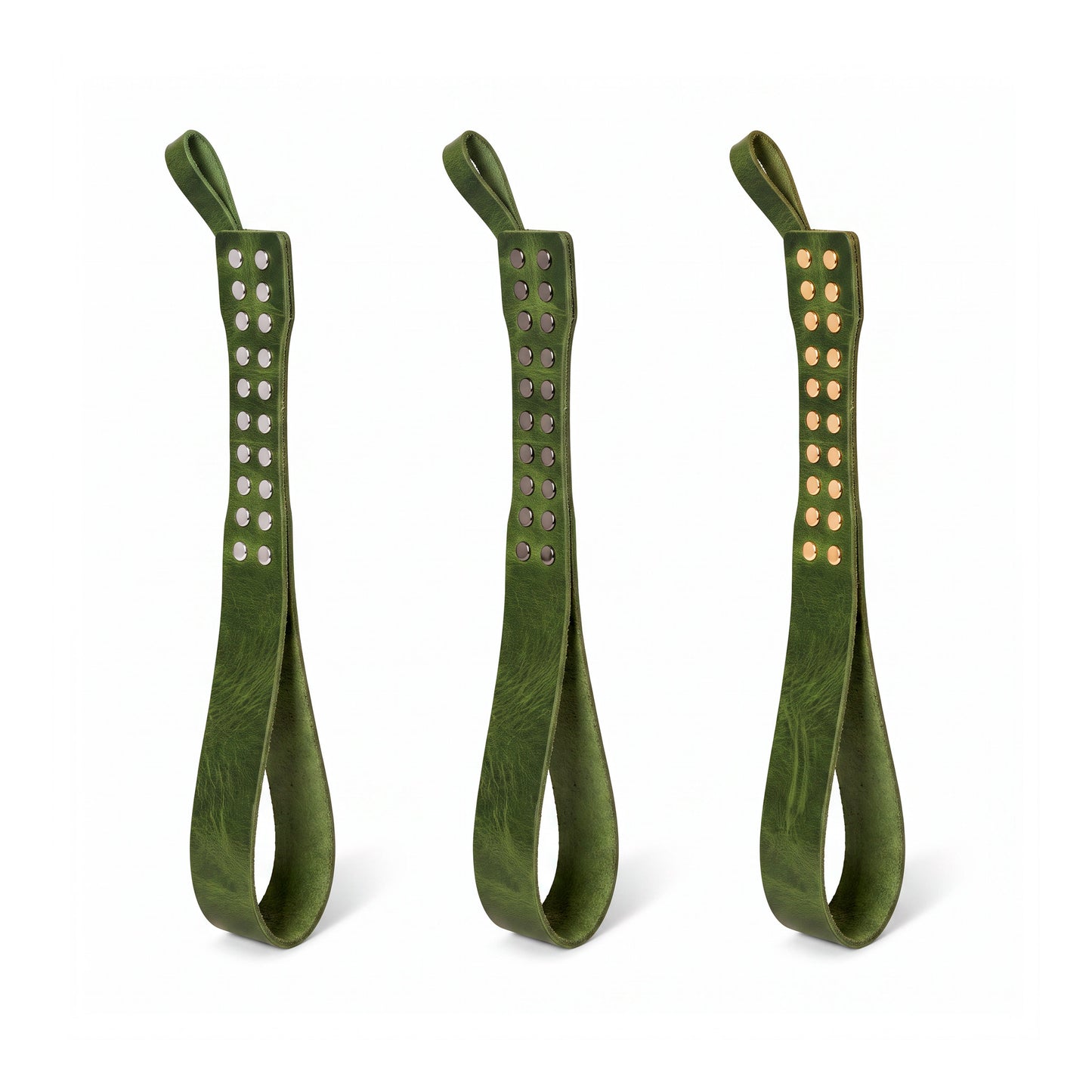 Three leather Loop Core BDSM paddle  green coloring and silver, gold and dark nickel hardware.