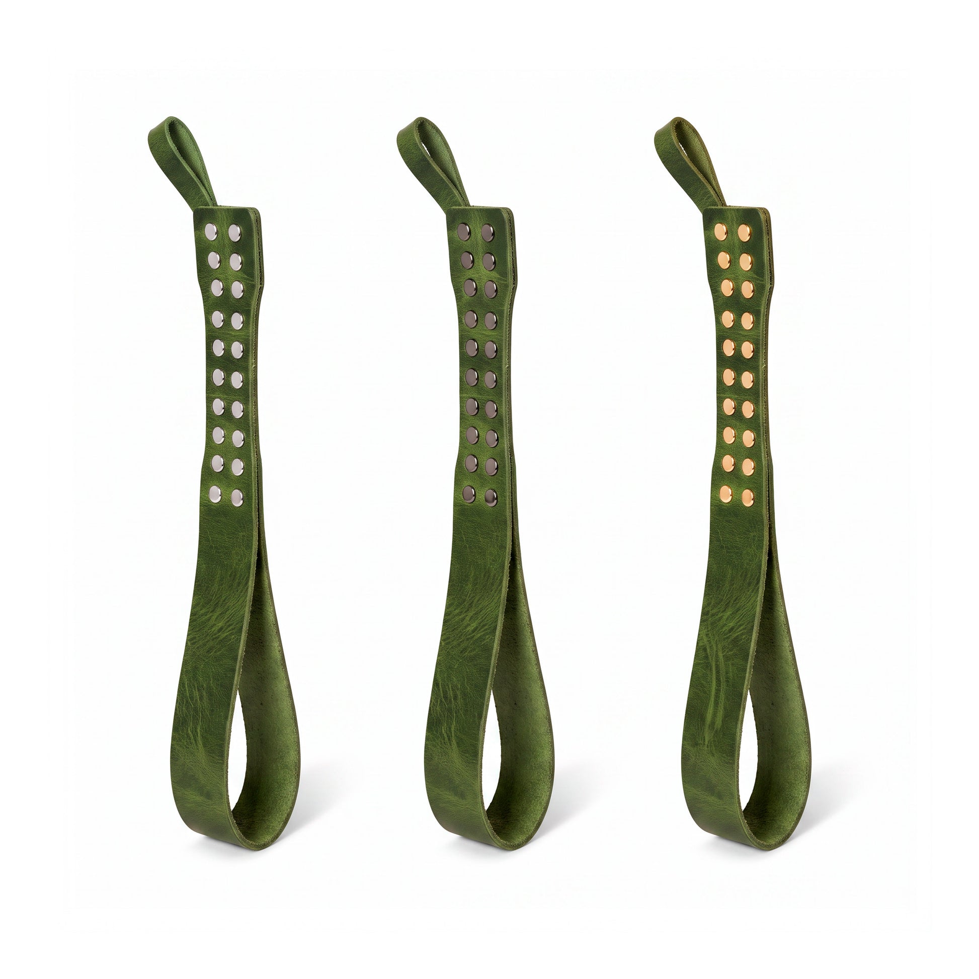 Three leather Loop Core BDSM paddle  green coloring and silver, gold and dark nickel hardware.